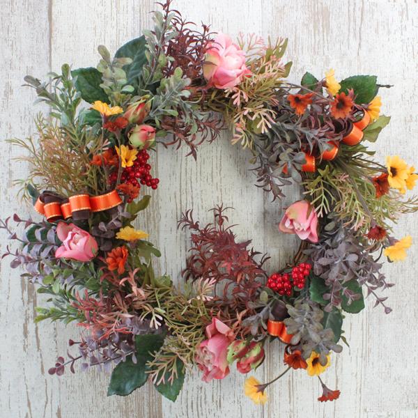 造花 デージーとローズの秋色リース 秋のアレンジ シルクフラワー CT