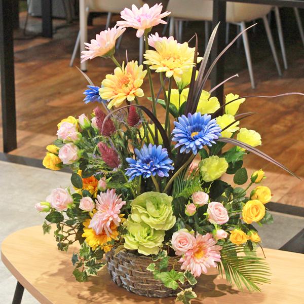 造花 カラフルなガーベラとローズのかごアレンジ シルクフラワー CT