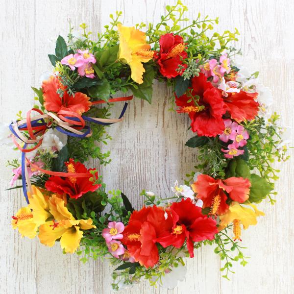 造花 ハイビスカスとオンシジュームの夏のリースアレンジ 壁掛け 夏