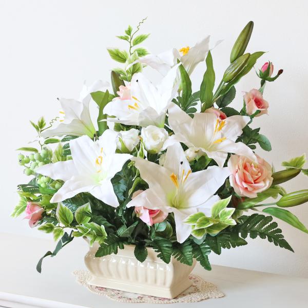 造花 インテリア 大きなユリとローズの横長アレンジ バラ お祝い 贈答