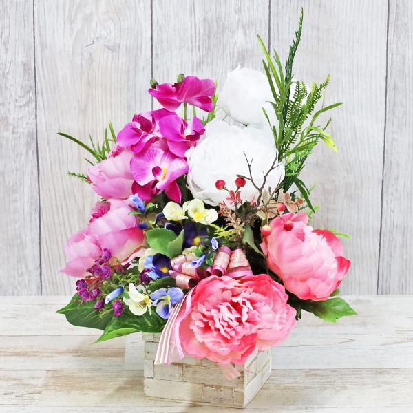 造花 3色のピオニーのアレンジ シルクフラワー CT触媒 牡丹 インテリア