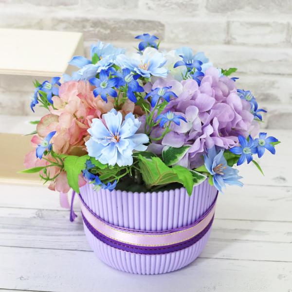 造花 3色のあじさいと小花のラウンド型アレンジ アジサイ 紫陽花
