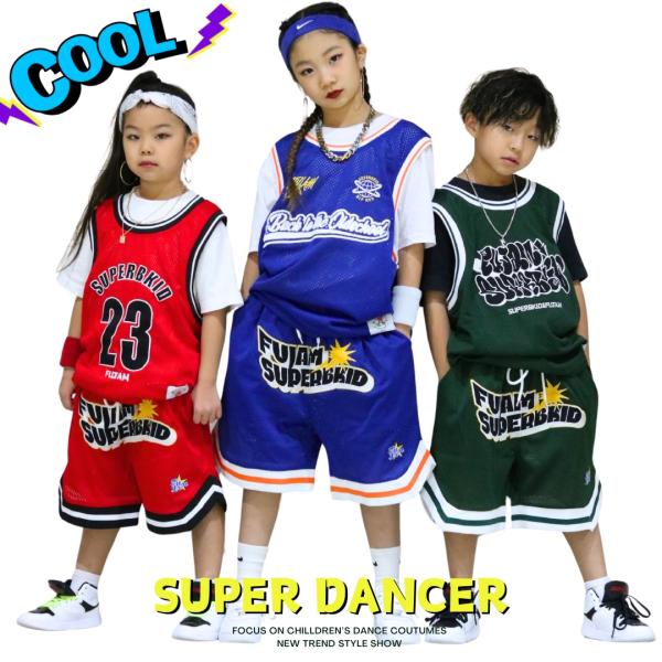 キッズダンス衣装 セットアップ ヒップホップ ファッション 派手 ダンス衣装 男の子 ガールズ バスケ Tシャツ ハーフパンツ ユニフォーム 青 赤 緑