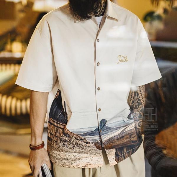 キューバシャツ メンズ 半袖 開襟 オープンカラー プリント 刺繍入り 大きいサイズ ゆったり ルーズ リゾート 羽織り 涼しい