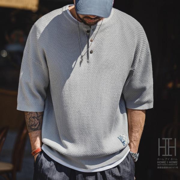 ヘンリーネックtシャツ メンズ 五分袖 サマーニット ニットtシャツ アメカジ 竹の節 おしゃれ 大きいサイズ ゆったり トップス 夏 グレー
