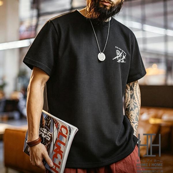 ワッフルtシャツ メンズ 半袖 Tシャツ クルーネック アメカジ ヴィンテージ グラフィック プリント レトロ おしゃれ 大きいサイズ 夏