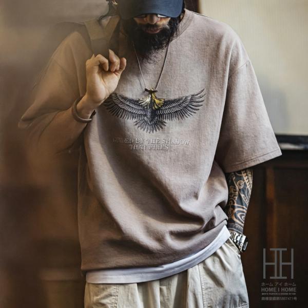 ヘビーウェイトtシャツ メンズ 半袖 クルーネック 鷹 イーグルプリント オーバーサイズ 大きいサイズ おしゃれ Tシャツ 夏 アメカジ