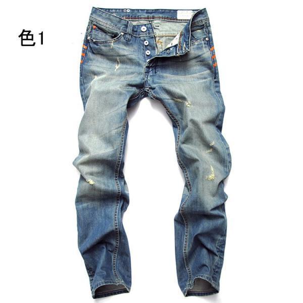 デニムパンツ メンズ ダメージ ヴィンテージウォッシュ ユーズド加工 レトロ ストレート 綿混紡