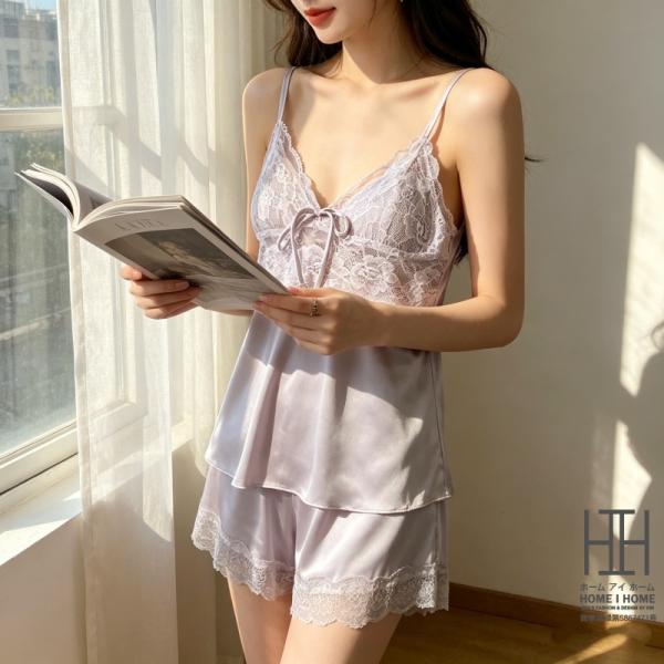 ルームウェア パジャマ レディース 夏 レース Vネック セクシー キャミソール ショートパンツ セットアップ ひんやり サテン 肌着 カップ付き