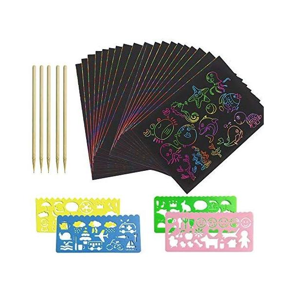 Zjwスクラッチペーパー 手作り 塗り絵 スクラッチ カラーリング子供用画材 Diy 子供 教育 無地のスクラッチ50枚 スクラッチミニペン5本 可愛