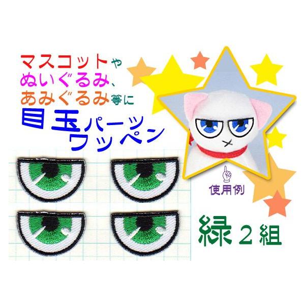 アイロンワッペン/刺繍/アップリケ/ギロっと目玉/緑/2組/ぬいぐるみや