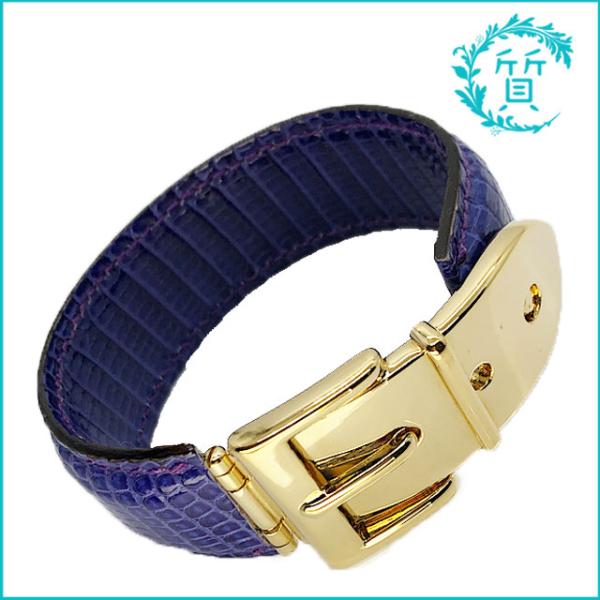 美品 グッチ ブレスレット バングル ワイド クロコ型押し ネイビー×ゴールド GUCCI（グッチ） 美品 ブレスレット バングル ベルトモチーフ レザー