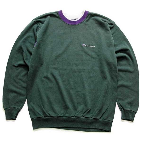 90s USA製 Championチャンピオン スクリプト ロゴ刺繍 レイヤードネック スウェット 緑 L★オールド ビンテージ ツートン マルチカラー Champion（チャンピオン） 90s USA製 スクリプト ロゴ刺繍 レイヤード