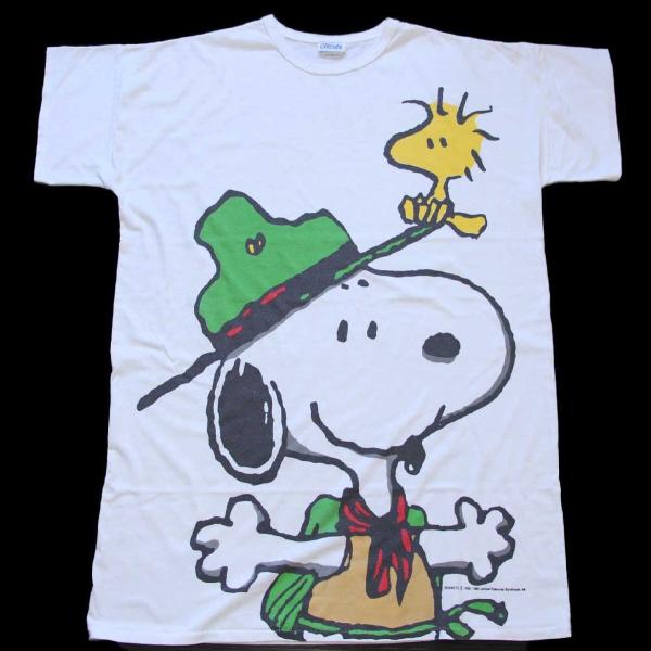 90s USA製 スヌーピー ウッドストック 全面 染み込みプリント Tシャツ 白★ビンテージ ワンピース キャラ オーバーサイズ ビッグサイズ 90s USA製 スヌーピー ウッドストック 全面 染み込みプリント Tシャツ