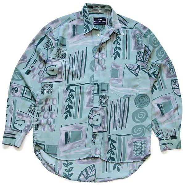 90s イタリア製 MAN COLLECTION アート 比翼 レーヨン×シルクシャツ M 