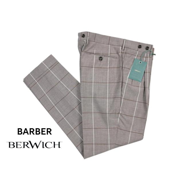BERWICH ベルウィッチ / BARBER スラックス ツータック パンツ ヴァージンウール100% チェック グレージュ / セール