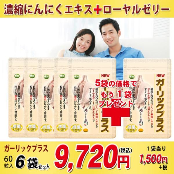 【商品内容】ガーリックプラス60粒入 （４００ｍｇ×６０粒）×6袋 ガーリックプラスはにんにく卵黄エキスに、にんにく濃縮パウダーエキス、ローヤルゼリーを配合した栄養補助食品です。腸で溶けるコーティングを施した糖衣粒で臭いが外に出ることも無く...