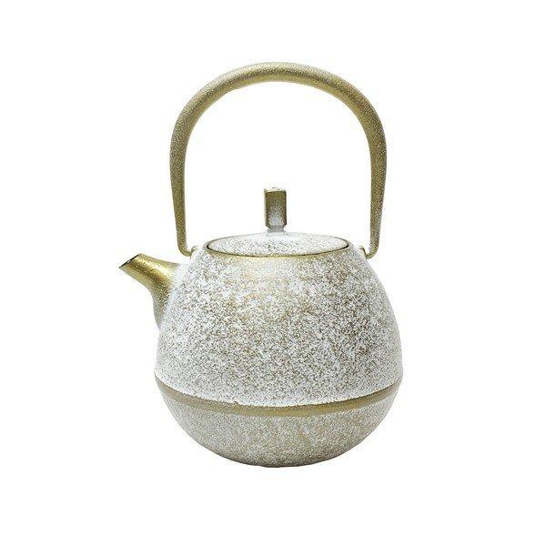 クラフトデザイナー　岩清水久生氏デザインの鋳造鉄の急須です。　焼肌磨きで仕上げた外観はしっとりした雰囲気。　内部はホーロで仕上げてあり、茶こしがセットされています。　お手入れに手間がかからずお茶のひとときを上質な時間に誘います。