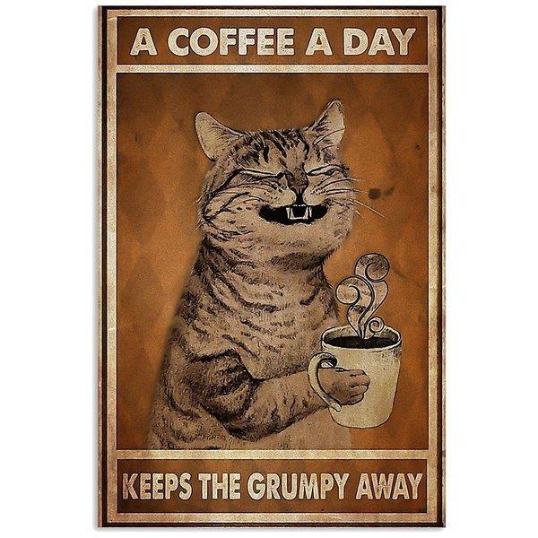 アートポスター アートフレーム ヴィンテージイラスト猫（キジトラ）とコーヒー デザインNO-17【追加注文なしで、直ぐ飾れる額付】