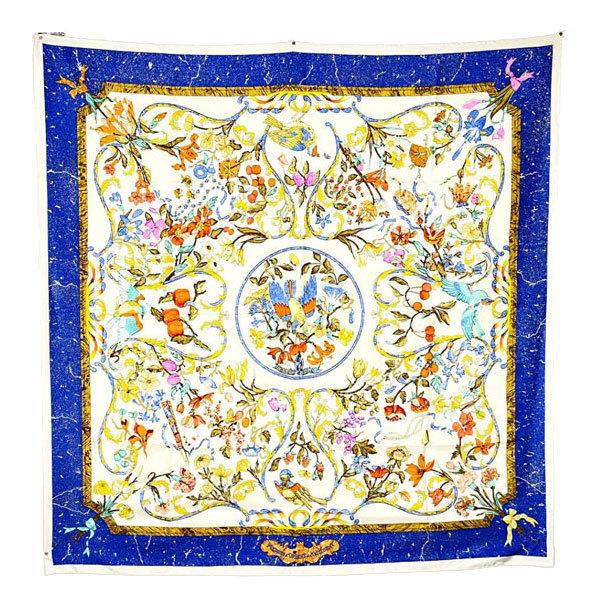 HERMES エルメス スカーフ カレ90 『Pierres d’ORIENT et d’ OCCIDENT(東洋の石と西洋の石細工)』 シルク  ブルー ベージュ