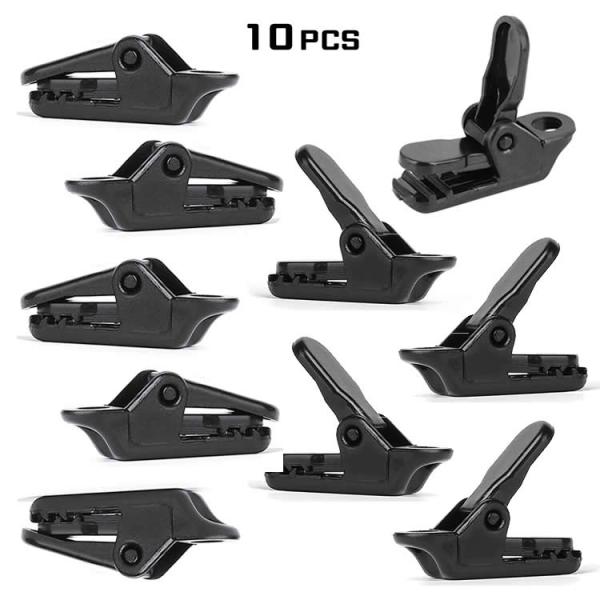 テントやターフに取り付け可能なロープ追加用のクリップ10個セットですコンパクトで軽量なので持ち運びの際も負担になりません。使い方は簡単。バーを上げて生地挟んでバーを下げるだけ。ワニ口でしっかりはさんで固定できます。※生地が分厚いと挟めない場...