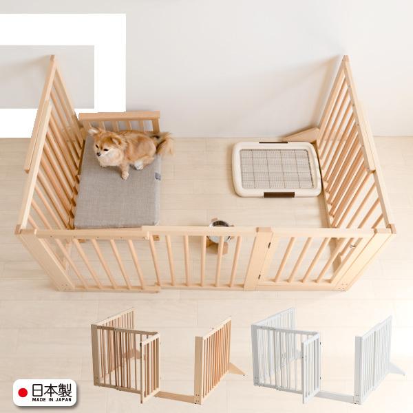石崎家具 木製ペットゲート（コの字）両開扉・伸縮 日本製 大型