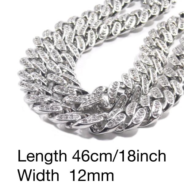 銀メッキ【幅12mm★ショートタイプ★びっちりジルコニアを埋め込み】キューバンチェーン ネックレス【シルバー/46cm】新品 メンズ レディース  男女兼用 シルバー