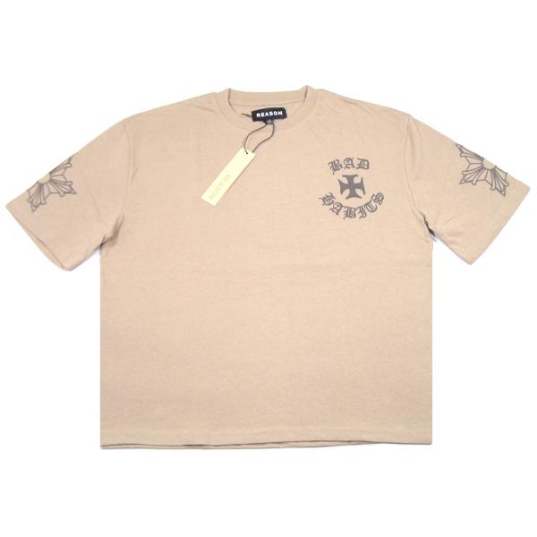 REASON【全刺繍★両袖のゴシッククロス★ビッグシルエット】半袖 Tシャツ【サンドベージュ】新品 リーズン メンズ クロス 十字架