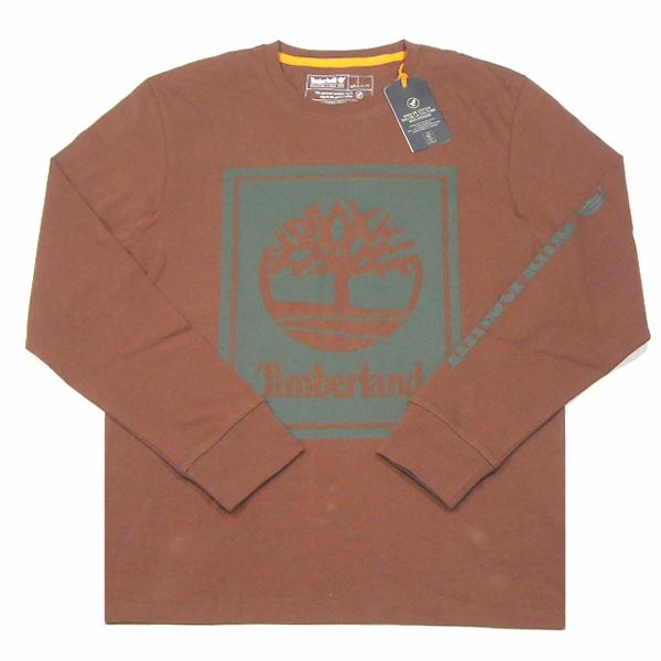 Timberland【海外限定★100% ORGANIC COTTON★ボックスロゴ*袖プリント】長袖 Tシャツ【ブラウン 茶】新品 ティンバーランド メンズ