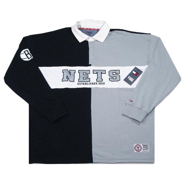 TOMMY JEANS【NBAとのGOODコラボ★ビッグシルエット】Brooklyn Nets ラガーシャツ【ブラック/グレー/ホワイト】新品 トミー ジーンズ メンズ TOMMY HILFIGER