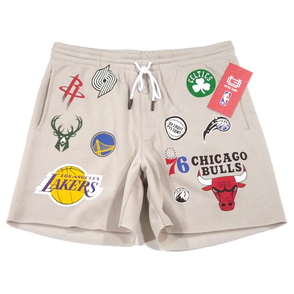ULTRA GAME【公式ライセンス★両面を使った全チームロゴの総柄】NBA スウェットショーツ【サンドベージュ】新品 メンズ ハーフパンツ ショートパンツ 短パン