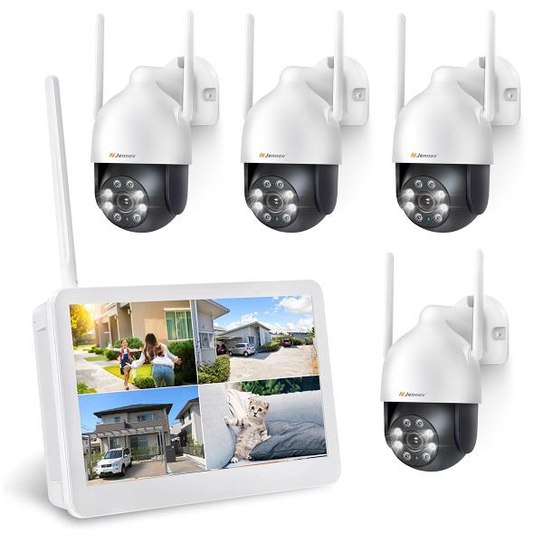 防犯カメラ 屋外 wifi PTZカメラ 300万画素 防カメ ワイヤレス 4台セットモニター付き 家庭用 業務用 LED発光威嚇 カラー暗視 動体検知 jennov 1年保証