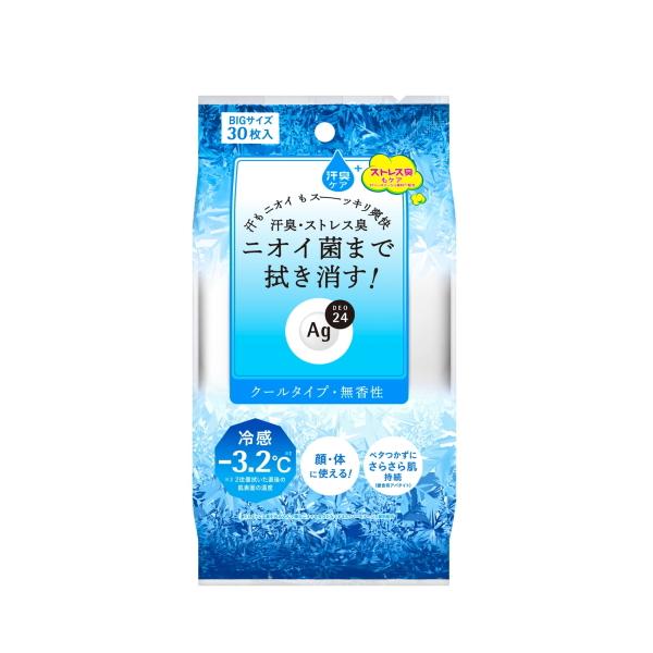 ２４時間、肌快適ケア。いつでもどこでもずーっと快適な肌を願う人へ。冷感ー３．２℃＊。超クールでひんやり爽快！汗もニオイも全身すっきり。持続型クールエッセンス配合。汗臭・ストレス臭・ベタつき・汚れ・ニオイ菌まで拭き消す！白くならずにさらさら肌...