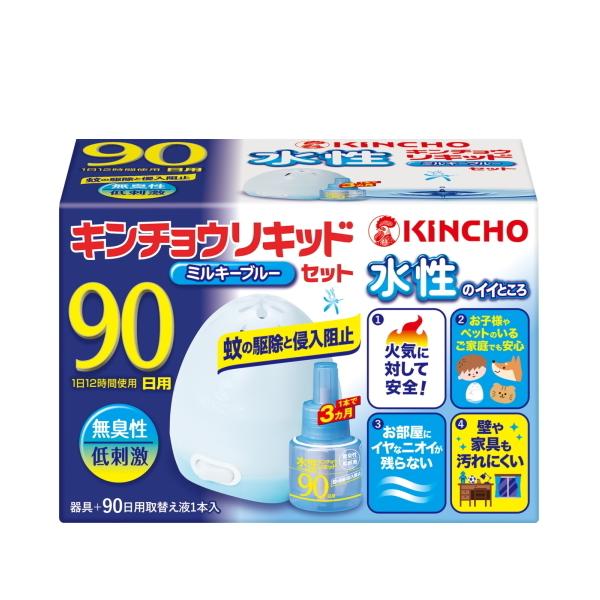 液体電子蚊取り器具と、９０日用取替え液とのセット。水性処方で、安定した殺虫効果と火気に対する安全性を兼備。お部屋に嫌なニオイも残りません。無臭性。※パッケージデザイン等は予告なしに変更されることがあります。