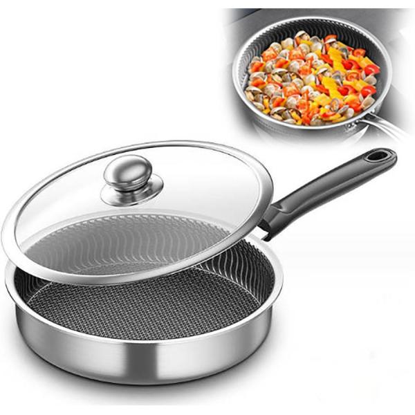 ドイツ製ステンレス鋼フライパン、一体成型複合鍋底で、熱伝導率に優れ均一に熱が伝わる。高い熱伝導率、広い汎用性、様々なコンロに対応し、炒め物、揚げ物も可能です。万能な鉄鍋 IH、ガス火両対応：厚手鍋底省エネ&amp;煙が出にくい、3mmの厚い...
