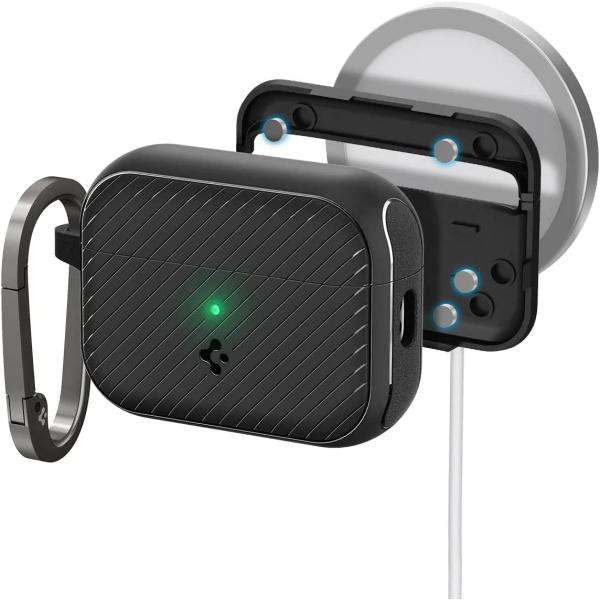 即納 AirPods Pro 第2世代 エアーポッズ プロ カバー ケース カラビナ付 傷つき防止 紛失防止 ワイヤレス充電 Spigen シュピゲン ラギッドアーマー/マットブラック 送料無料