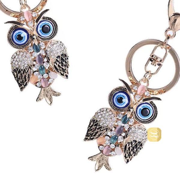フクロウのバッグチャーム、キーチェーン キラキララインストーン