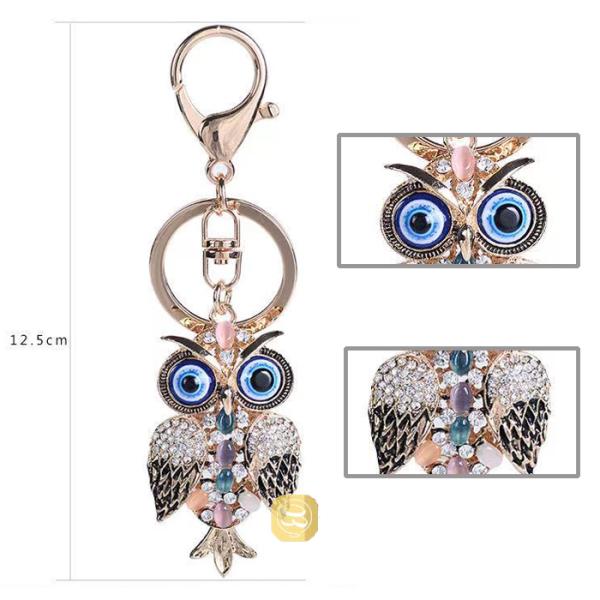 フクロウのバッグチャーム、キーチェーン キラキララインストーン