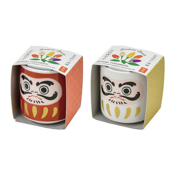 「だるま」のおちょこで縁起のよい五色とうがらしを育てます。願い事を叶える助けをしてくれるアイテムとして人気急上昇中の「だるま」。魔除けの赤だるまと目標達成の白だるまの紅白セットでお届けします。サイズ : 約 Φ43 x H48 mm