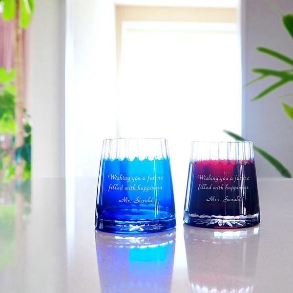 切子グラス 富士山をモチーフとした 青富士＆赤富士ペア グラスで名