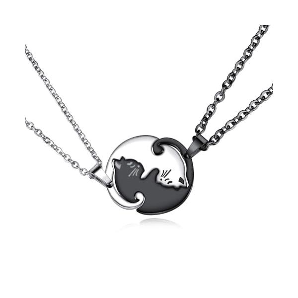 [Rockyu] ネコ ネックレス ペア Yin Yang 猫モチーフ メンズ レディース ステンレス シルバー ブラック 金属アレルギー対応