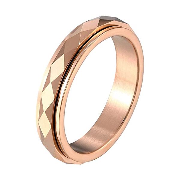 Rockyu指輪 レディース シンプル 人気 タングステン ピンクゴールドリング 菱形 回転可能 スピナーリング 幅6mm 18k 男女兼用 おし