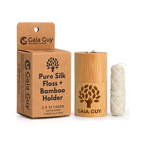 Gaia Guy 天然無味シルクデンタルフロス フロス詰め替え&amp;再利用可能な竹ホルダー付き | 33ヤード堆肥化可能なピュアシルク2個 カンデリ