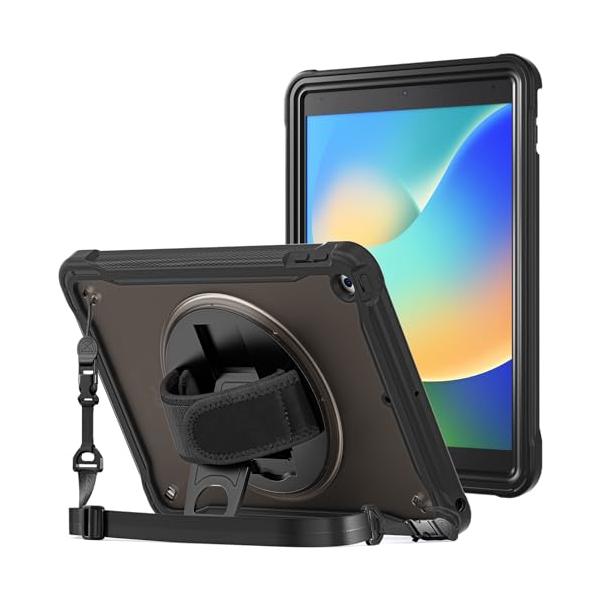 ProCase iPad 9/8/7 カバー 10.2” 耐衝撃 背面カバー ペン収納 360°回転スタンド 手首付き 3層保護 （ブラック）