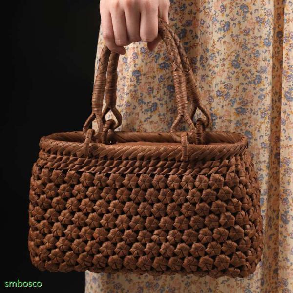 山葡萄籠＆リネン総刺繍布 バック ハンドメイドfu. かごバッグ