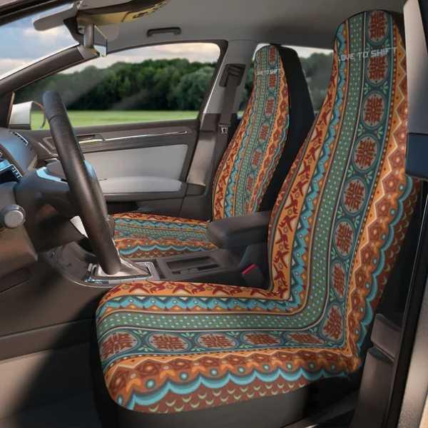 自由奔放に生きる錆びた緑とオレンジの車のシートカバーレトロな 自由奔放に生きる錆びた緑とオレンジの車のシートカバーレトロな