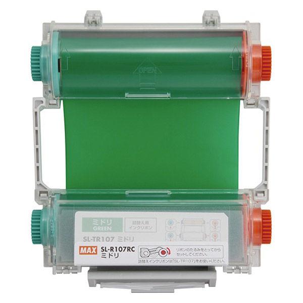 ビーポップ100ｍｍタイプ用詰替え対応インクリボンカセット。インクリボン残量検出対応。リボン幅×長さ　100ｍｍ×60ｍ。●メーカー：MAX（マックス）●ブランド名：Bepop(ビーポップ）●商品名： SL-R107RCミドリ●品番：IL9...