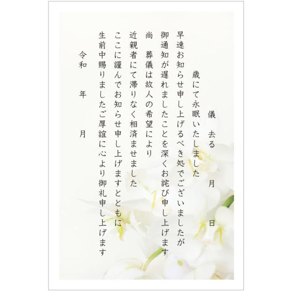 【商品名】　死亡通知ハガキ 挨拶状 10枚（文字大きめ）インクジェット対応 私製はがき アルファプリントサービス〈S-ST108 スタンダード 胡蝶蘭〉★★ラッピングについて★★当店ではラッピングは承っておりません。ご了承くださいませ。★★...