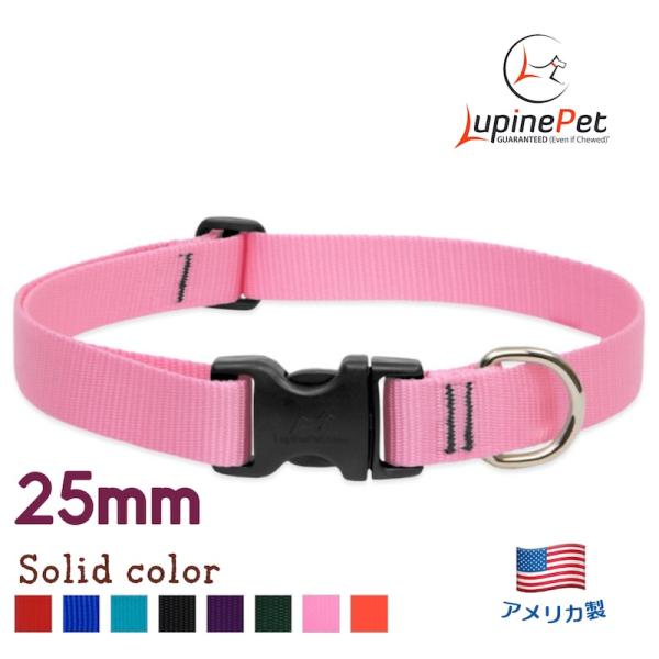 ワンタッチ首輪・Sサイズ・25mm幅　単色ピンク　30-50cm　LUPINEルパイン アメリカ製軽量丈夫 中型犬・大型犬ソリッドカラー