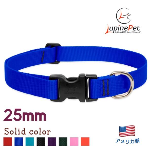 ワンタッチ首輪・Sサイズ・25mm幅　単色ブルー　30-50cm　LUPINEルパイン アメリカ製軽量丈夫 中型犬・大型犬ソリッドカラー